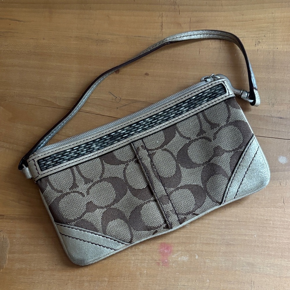 Coach Signature Brown and Gold Wristlet